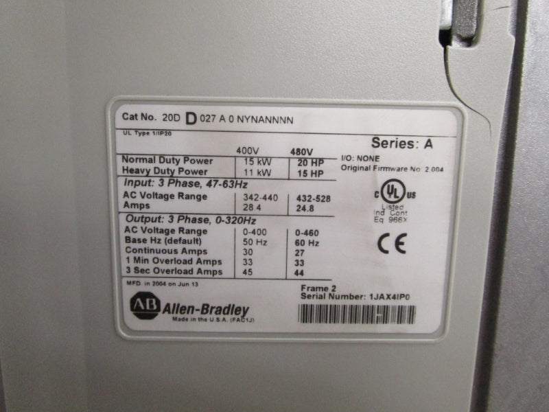 ALLEN BRADLEY 20DD027A0NYNANNNN SER. A F/W 2.004 480VAC 28.4A NSMP