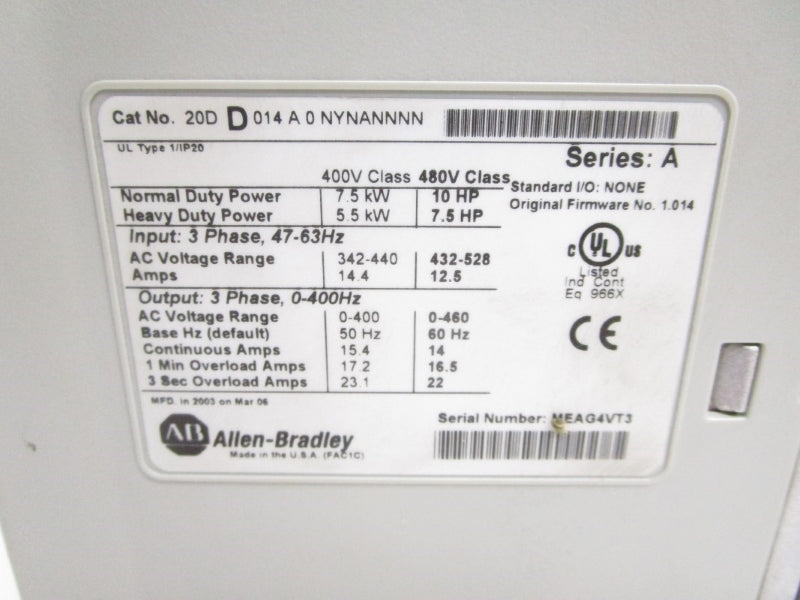 ALLEN BRADLEY 20DD014A0NYNANNNN SER. A F/W 1.014  432-528 12.5A UNMP
