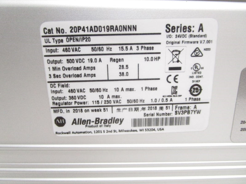 ALLEN BRADLEY 20P41AD019RA0NNN SER. A F/W 7.001 460VAC 15.5A (AS PICTURED) NSNP