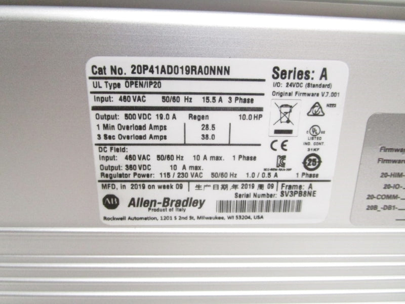 ALLEN BRADLEY 20P41AD019RA0NNN SER. A F/W 7.001 460VAC 15.5A NSMP