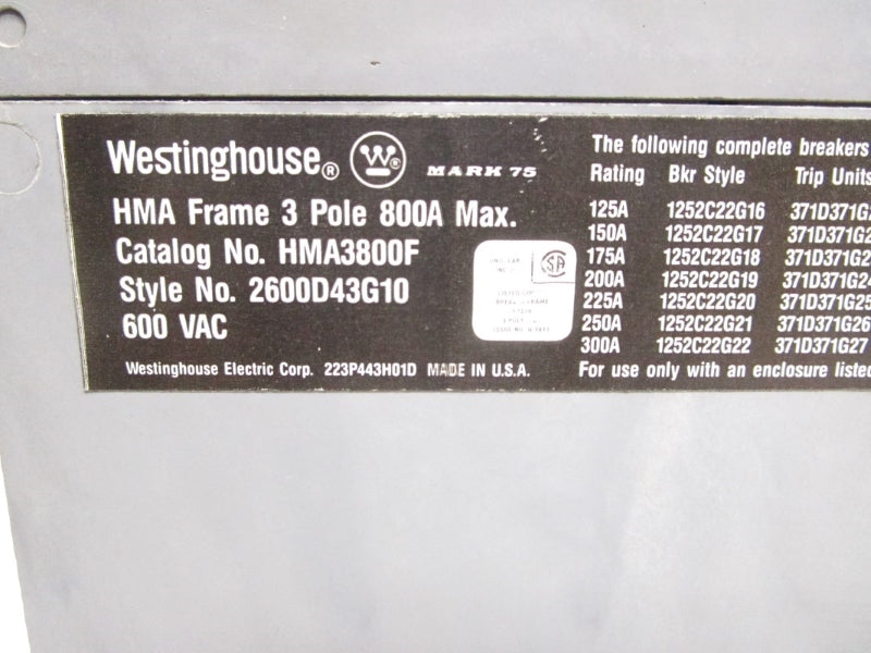 WESTINGHOUSE HMA3800F 600VAC 800A UNMP