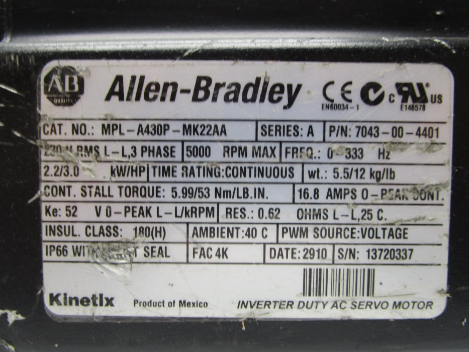 ALLEN BRADLEY MPL-A430P-MK22AA SER. A 2.2/3.0HP 5000RPM UNMP