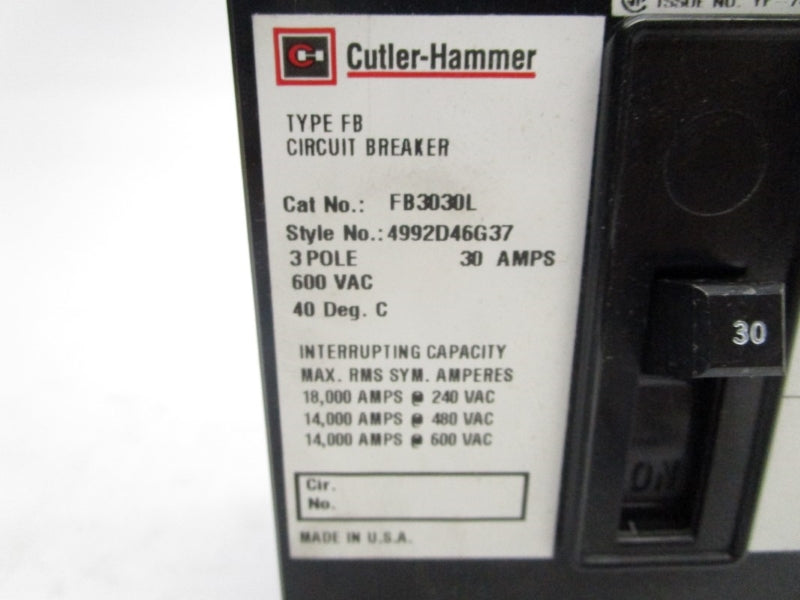CUTLER HAMMER FB3030L 600VAC 30A NSMP