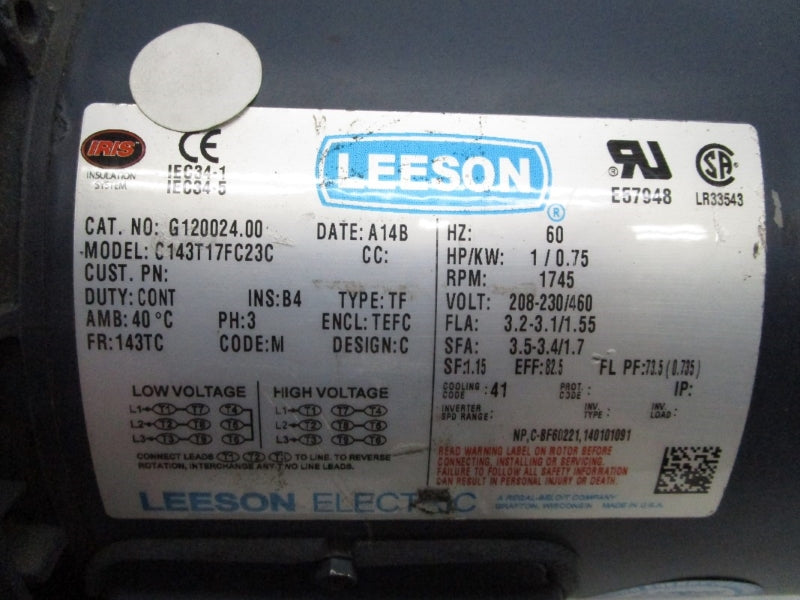 LEESON G120024.00 C143T17FC23C 208-230/460V 3.2-3.1/1.55A UNMP