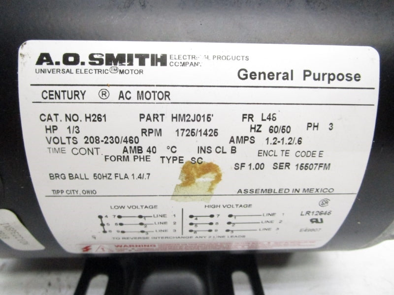 AO SMITH H261 SER. 15507FM 208-230/460V 1.2/0.6A NSNP
