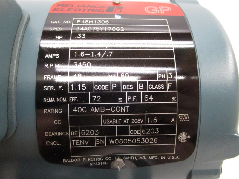 RELIANCE ELECTRIC P48H1306 208-230/460V 1.6-1.4/0.7A NSMP