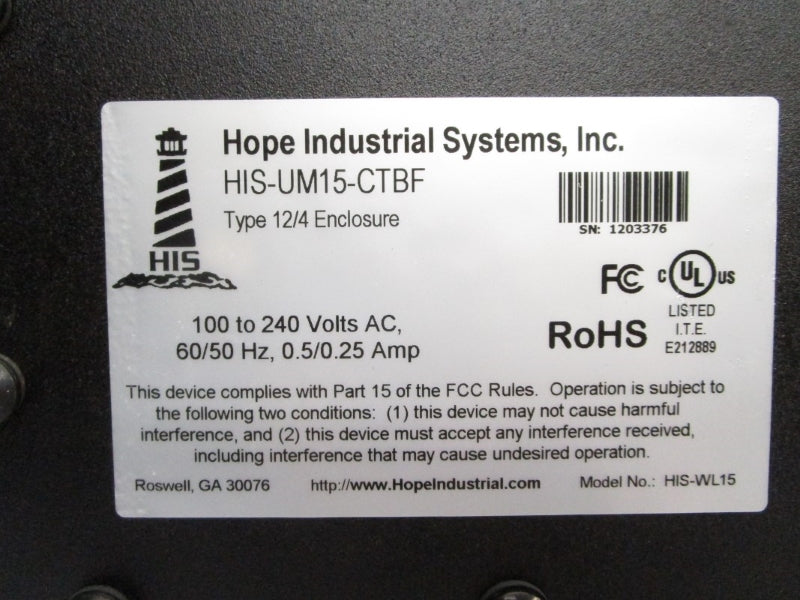 HOPE INDUSTRIES SYSTEMS HIS-UM15-CTBF 100-240VAC 0.5/0.25A (AS PICTURED) NSNP