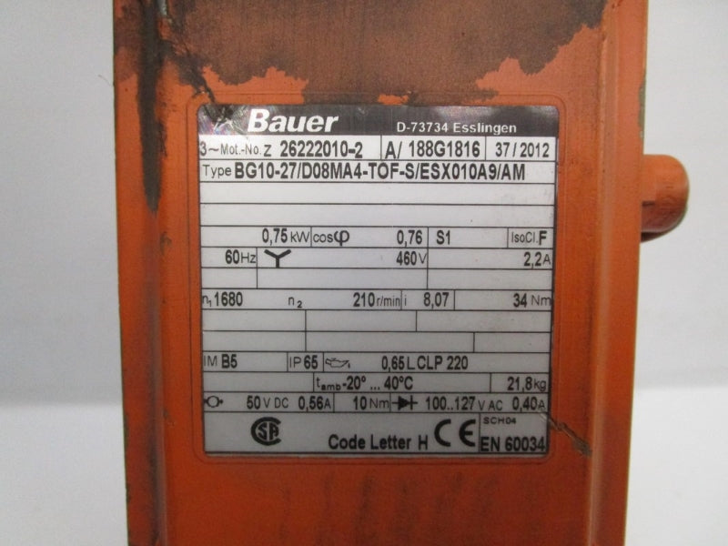 BAUER BG10-27/D08MA4-TOF-S/ESX010A9/AM 26222010-2 460V 2.2A UNMP