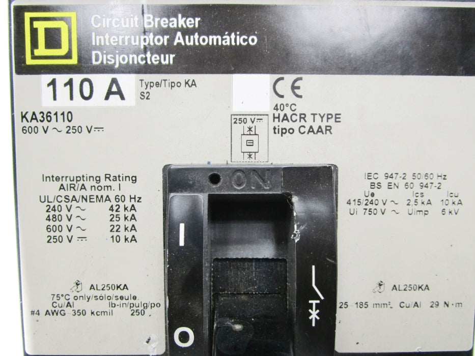 SQUARE D KA36110 110A 600V (AS PICTURED) NSNP