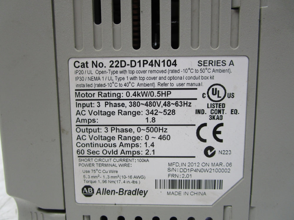 ALLEN BRADLEY 22D-D1P4N104 SER. A F/W 2.01 UNMP