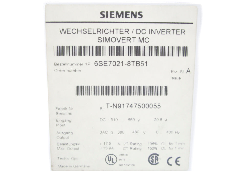 SIEMENS 6SE7021-8TB51 UNMP
