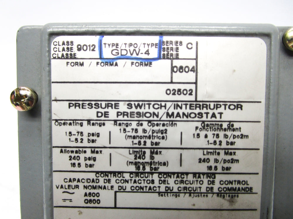 SQUARE D 9012GDW-4 SER. C 240PSI (AS PICTURED) NSNP