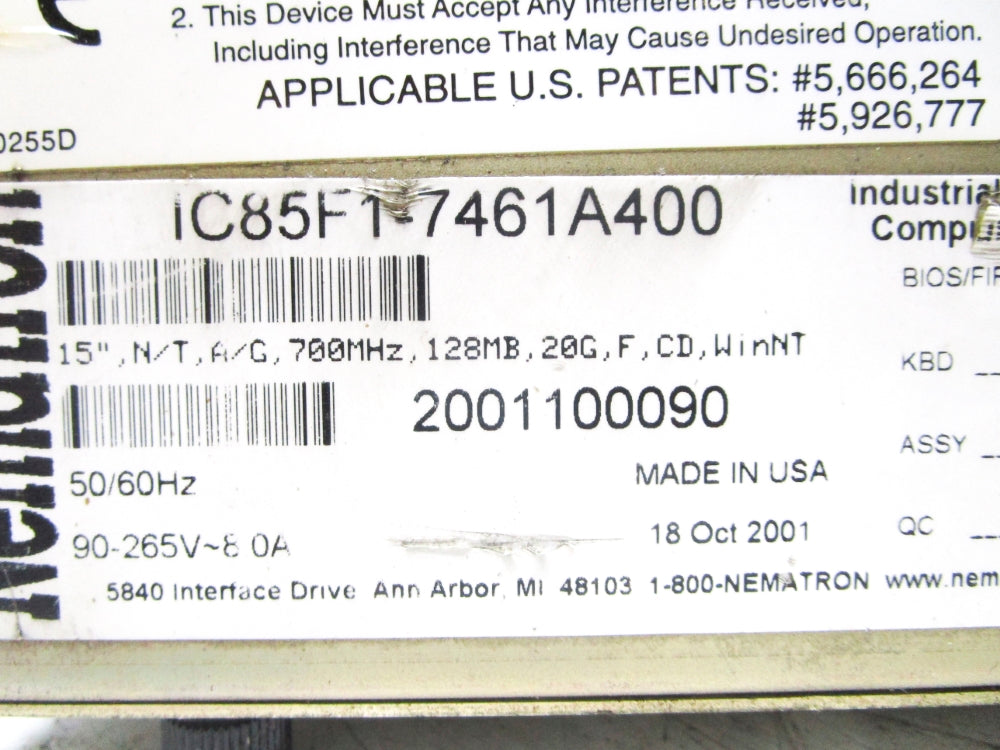 NEMATRON IC85F1-7461A400 90-265V 8A UNMP