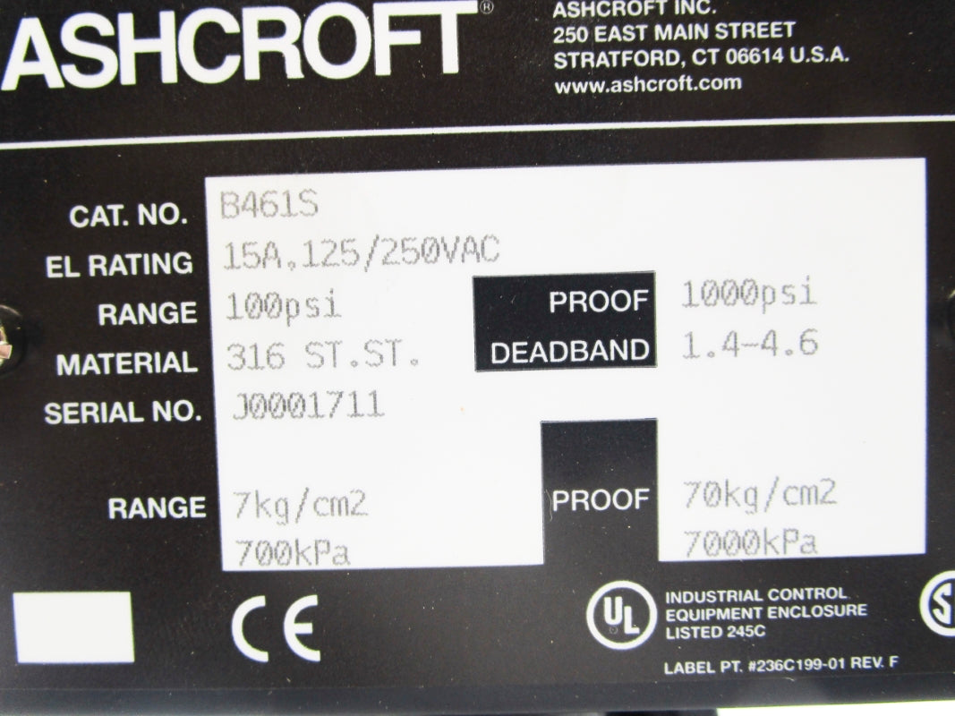 ASHCROFT B461S 100PSI 15A 125-250VAC NSMP