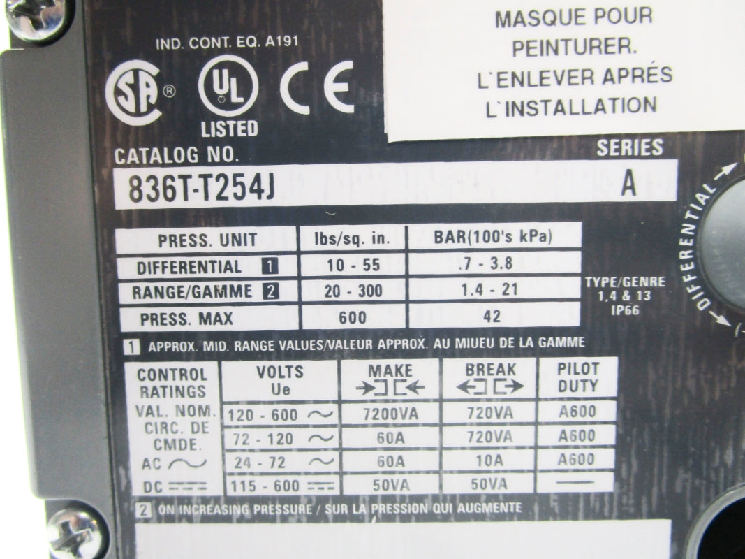 ALLEN BRADLEY 836T-T254J SER. A 120-600V 60A 20-300PSI (BR/WH) NSMP