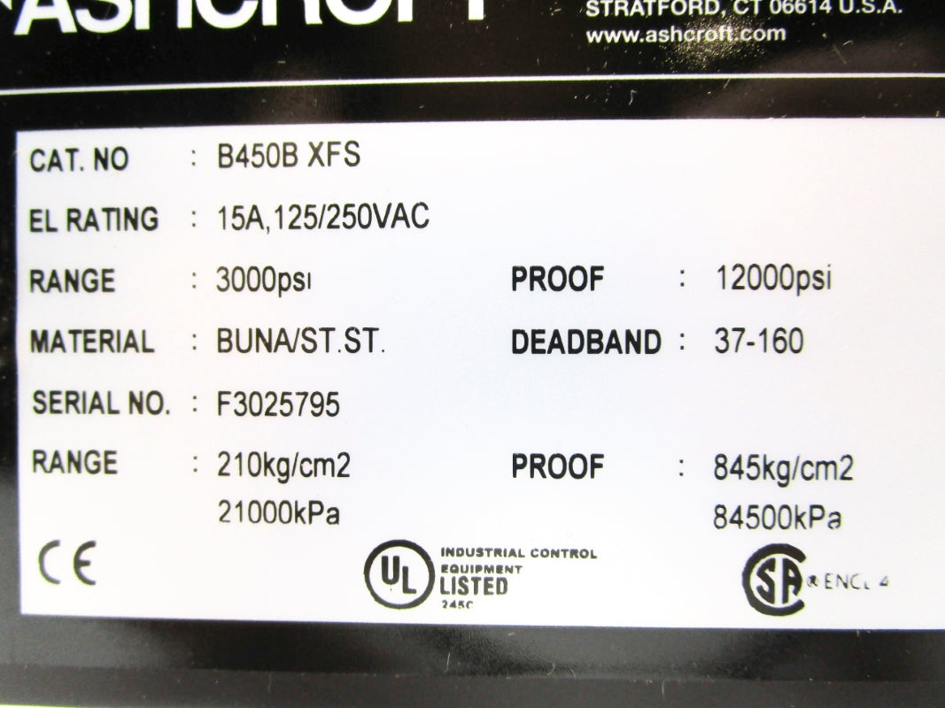 ASHCROFT B450BXFS 125/250VAC 15A 3000PSI NSMP