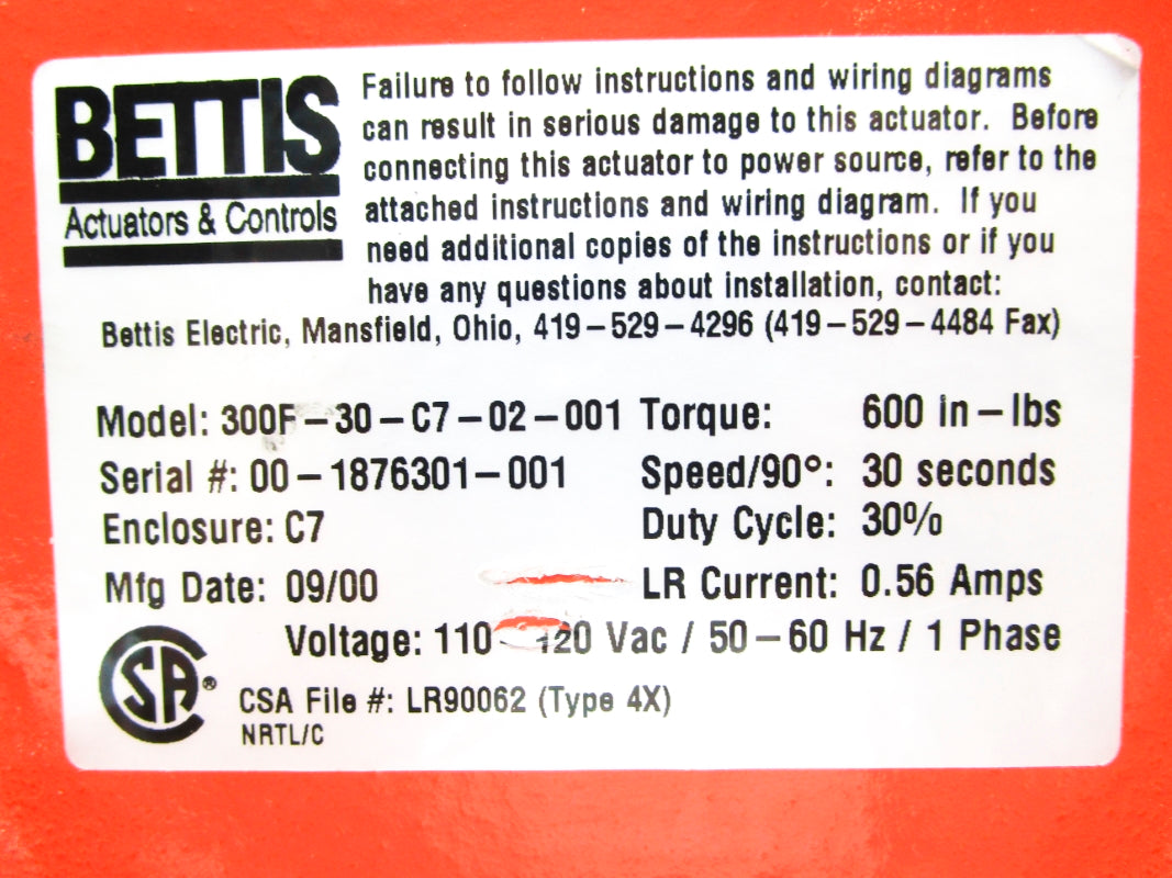 BETTIS 300F-30-C7-02-001 110-120VAC 0.56A 30S UNMP