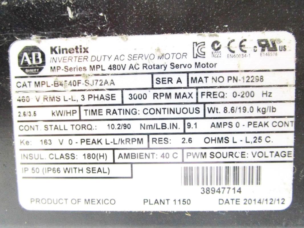ALLEN BRADLEY MPL-B4540F-SJ72AA SER. A NSMP