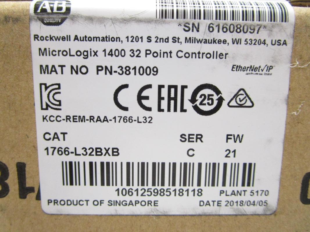 ALLEN BRADLEY 1766-L32BXB SER. C F/W 21 DATE: 2018 NSFS