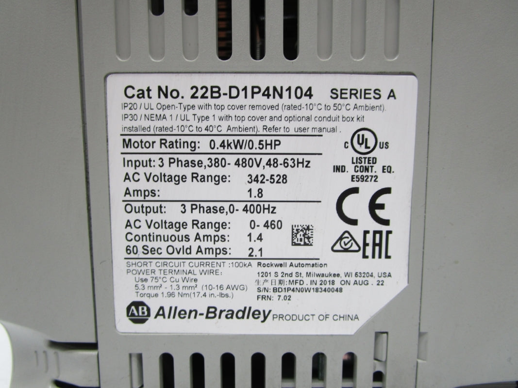 ALLEN BRADLEY 22B-D1P4N104 SER. A  F/W 7.02 NSNP