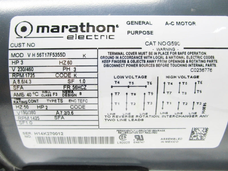 MARATHON ELECTRIC G590 VH56T17F5355D 460V 4.3A NSNP