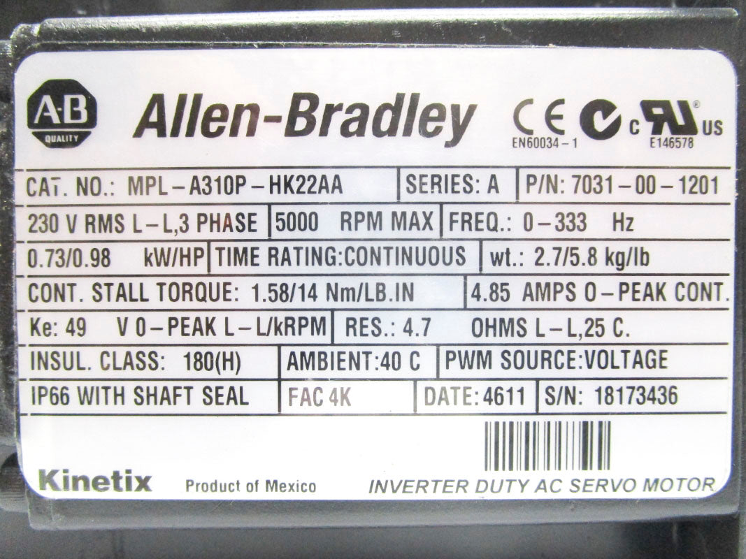 ALLEN BRADLEY MPL-A310P-HK22AA 7031-00-1201 SER. A 230V NSNP