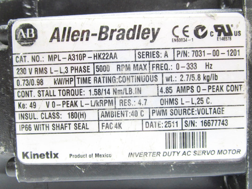 ALLEN BRADLEY MPL-A310P-HK22AA 7031-00-1201 SER. A 230V UNMP
