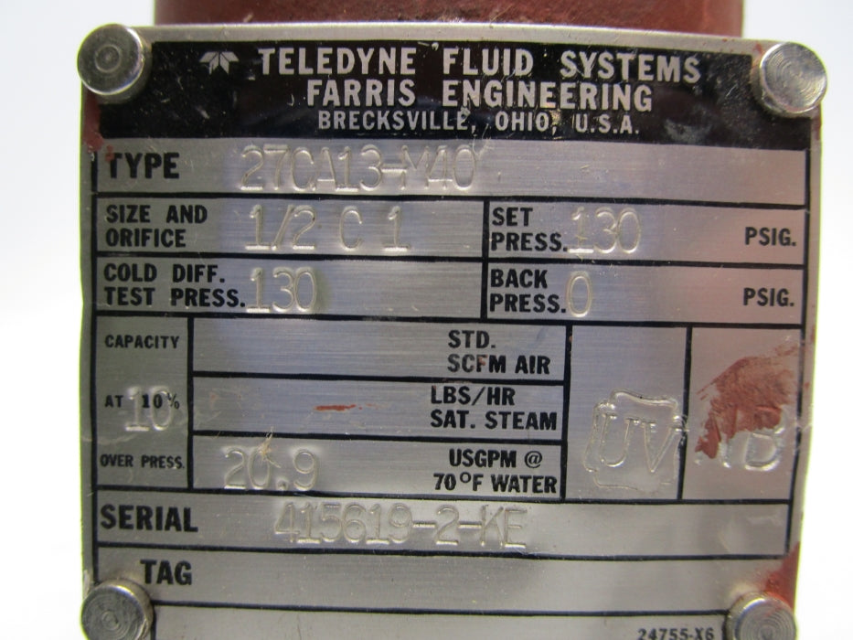 TELEDYNE FLUID SYSTEMS 27CA13-M40 130PSIG UNMP