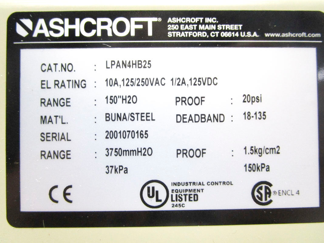 ASHCROFT LPAN4HB25 250VAC 10A 20PSI NSMP