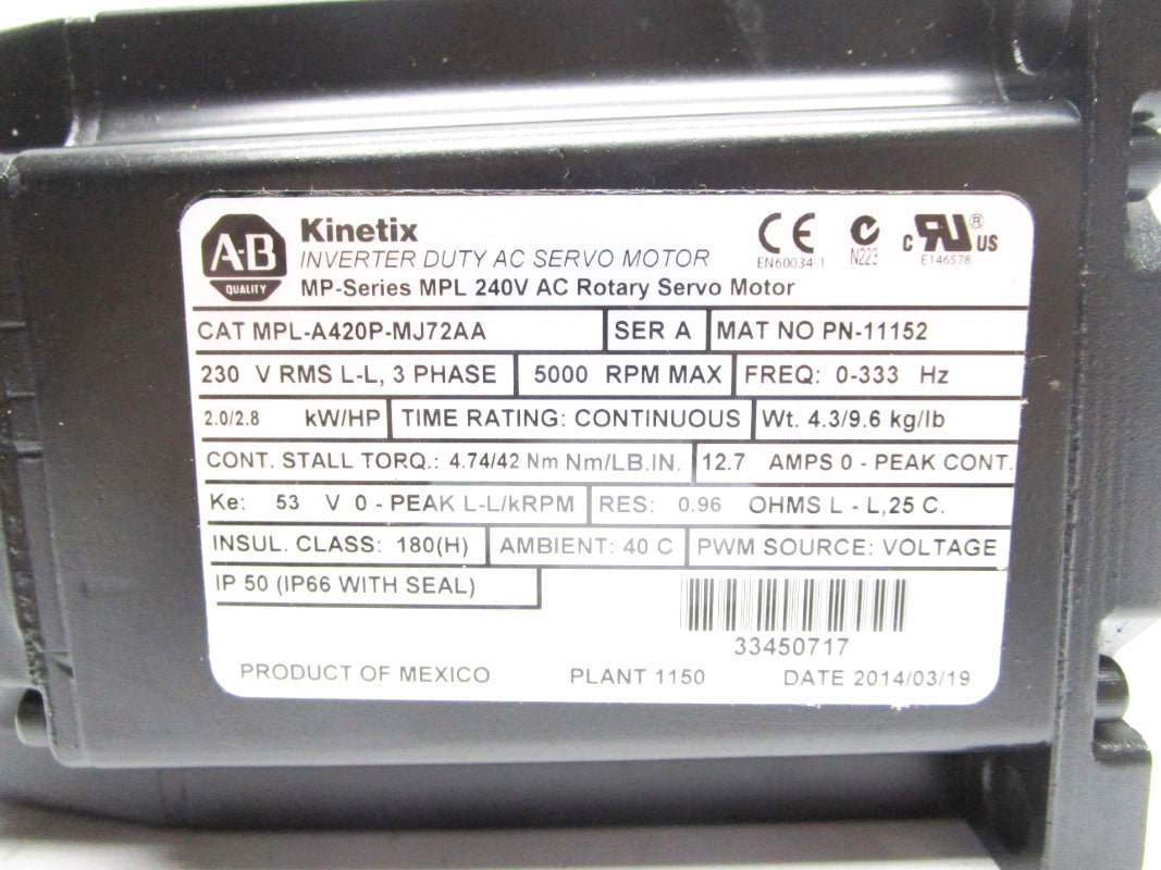 ALLEN BRADLEY MPL-A420P-MJ72AA SER. A 230V 12.7A NSNP