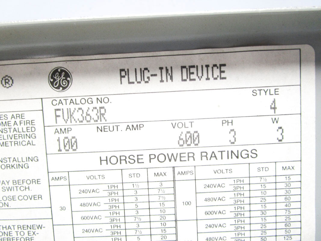 GENERAL ELECTRIC FVK363R 600V 100A NSNP