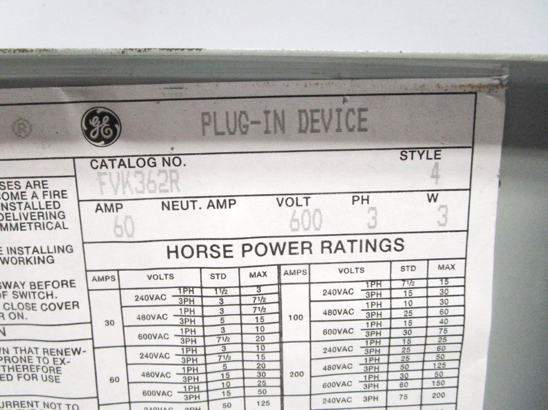 GENERAL ELECTRIC FVK362R STYLE 4 600V 60A NSNP