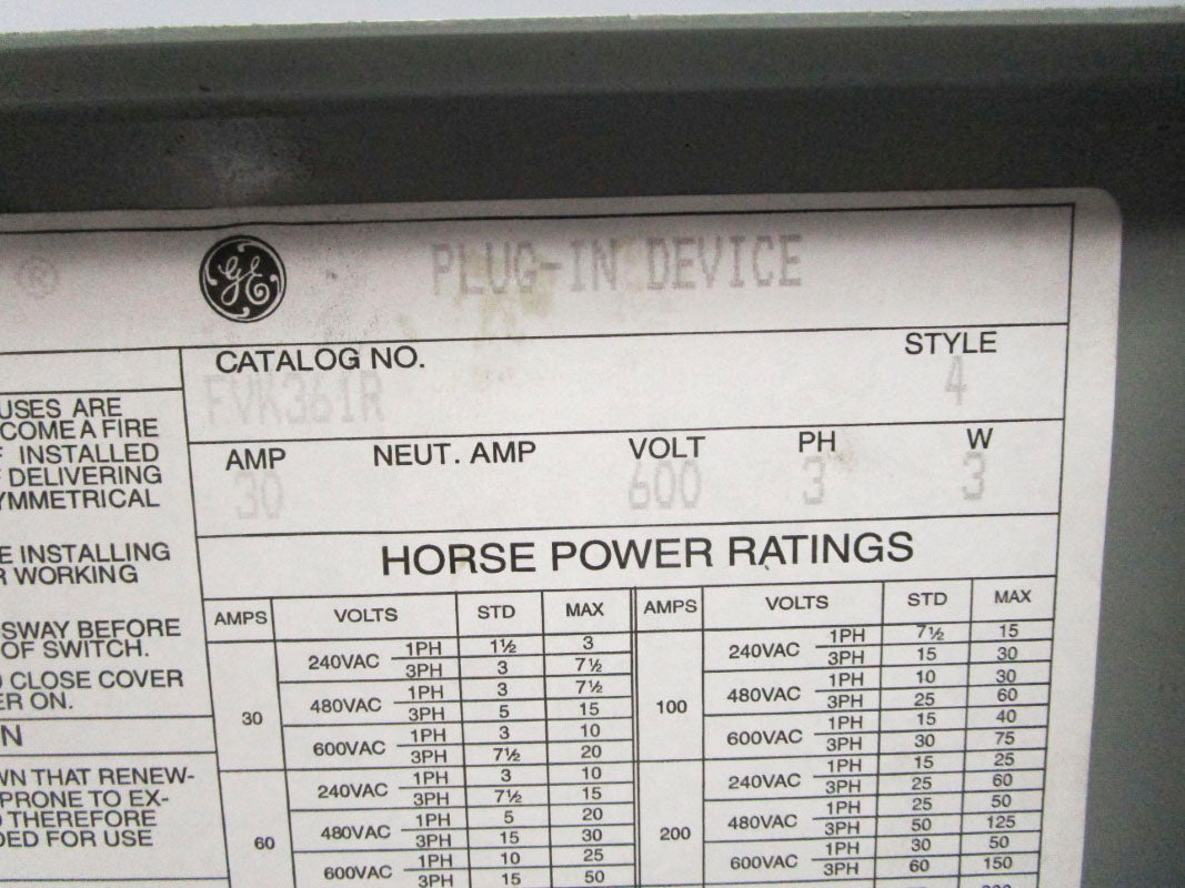 GENERAL ELECTRIC FVK361R 600V 30A (STYLE 4) NSNP