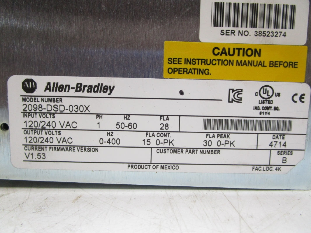 ALLEN BRADLEY 2098-DSD-030X SER. B 120/240VAC F/W V1.53 NSMP