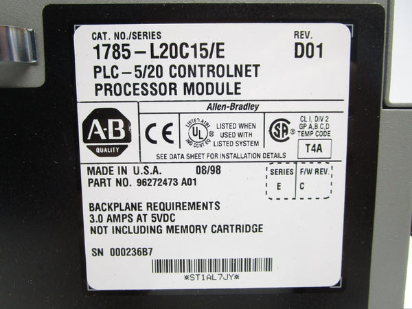 ALLEN BRADLEY 1785-L20C15/E 5VDC 3A SER. E F/W C NSNP