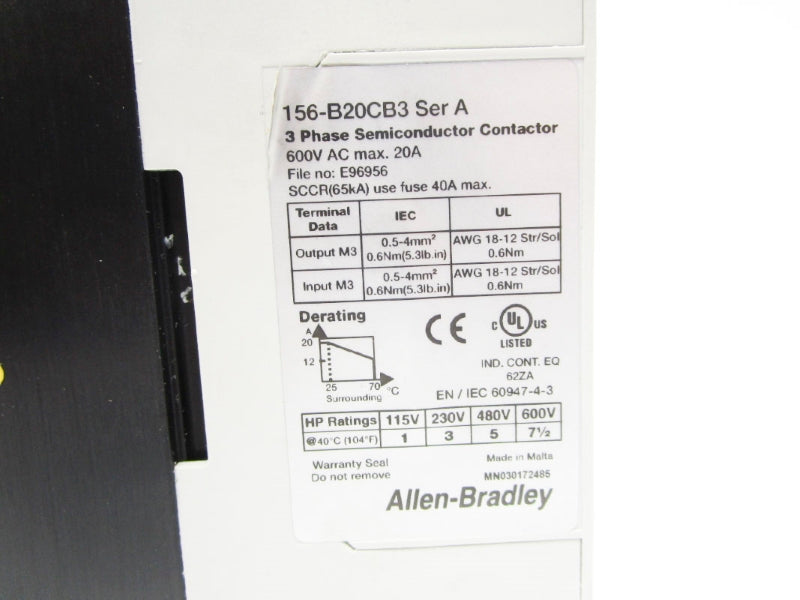 ALLEN BRADLEY 156-B20CB3 SER. A 600V 20A (WH) NSMP