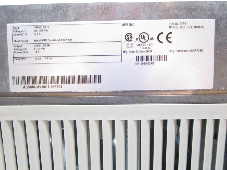 ABB ACS800-U1-0011-5+P901 F/W ASXR733U NSMP