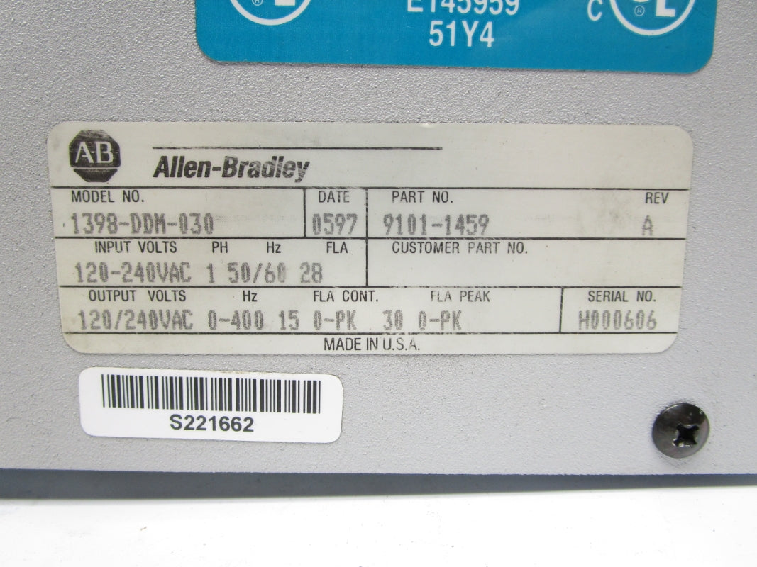ALLEN BRADLEY 1398-DDM-030 9101-1459 120-240VAC UNMP