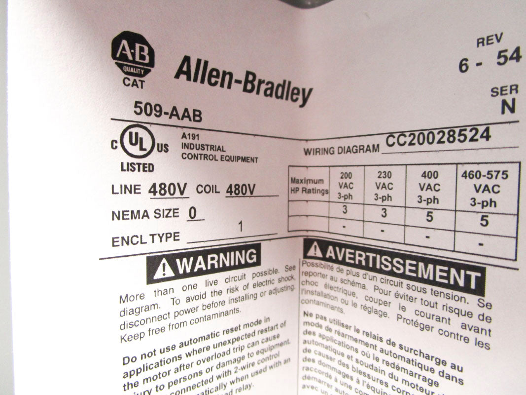 ALLEN BRADLEY 509-AAB SER. N 480V 18A NSNP