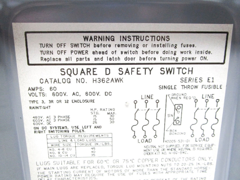 SQUARE D H362AWK SER. E1 600V 60A (AS PICTURED) NSNP