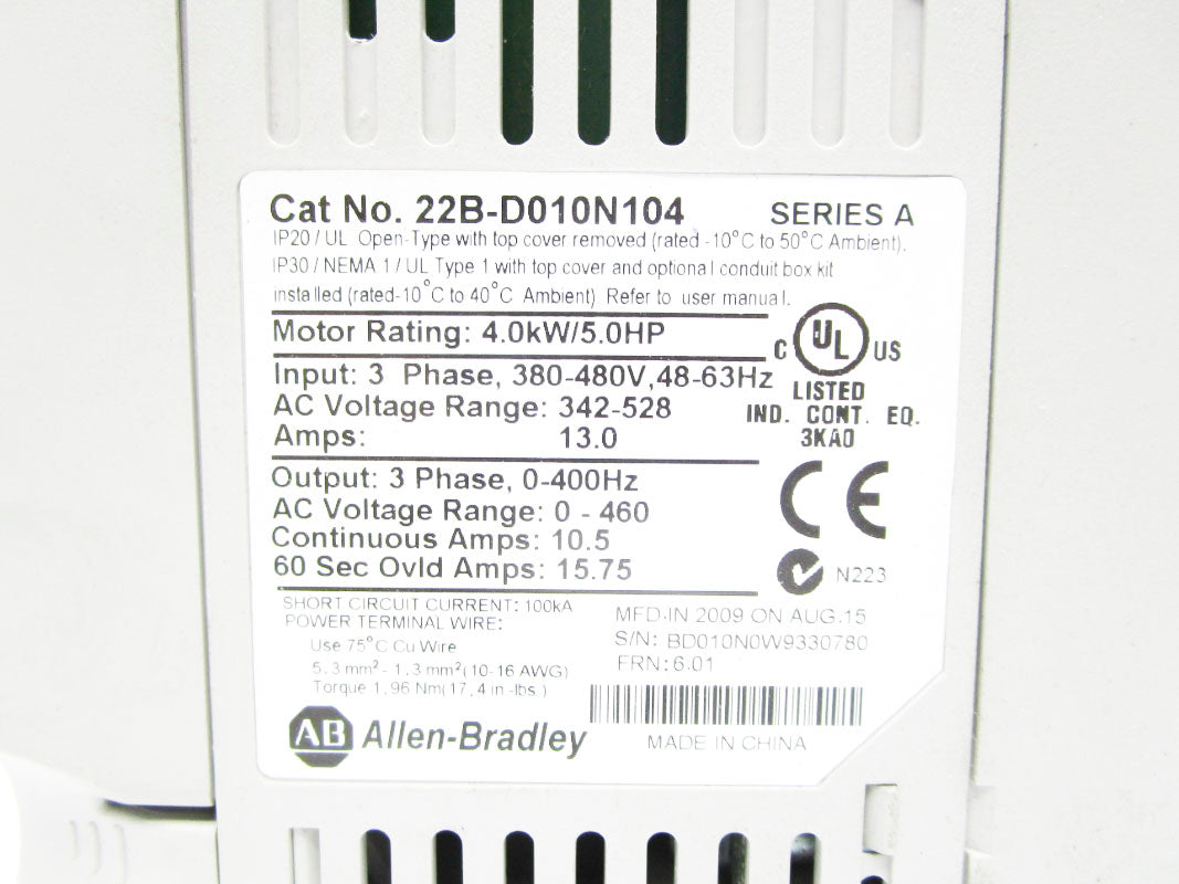 ALLEN BRADLEY 22B-D010N104 SER. A F/W 6.01 380-480V 13A UNMP