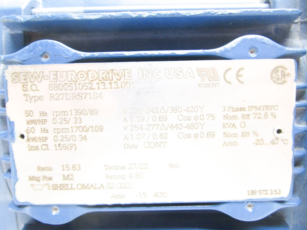 SEW-EURODRIVE R27DRS71S4 254-277/440-480V 1.07/.62A NSNP