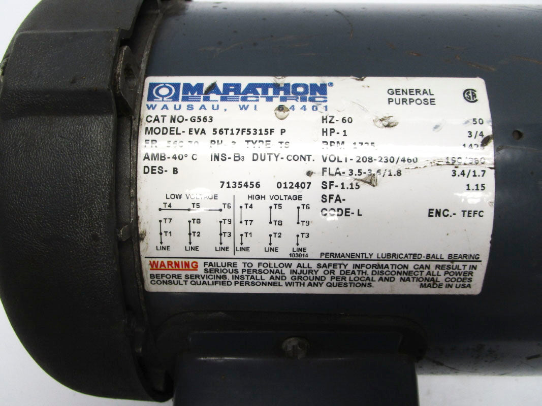 MARATHON ELECTRIC G563 EVA56T17F5315FP 208-230/460V 3.5-3.6/1.8A UNMP