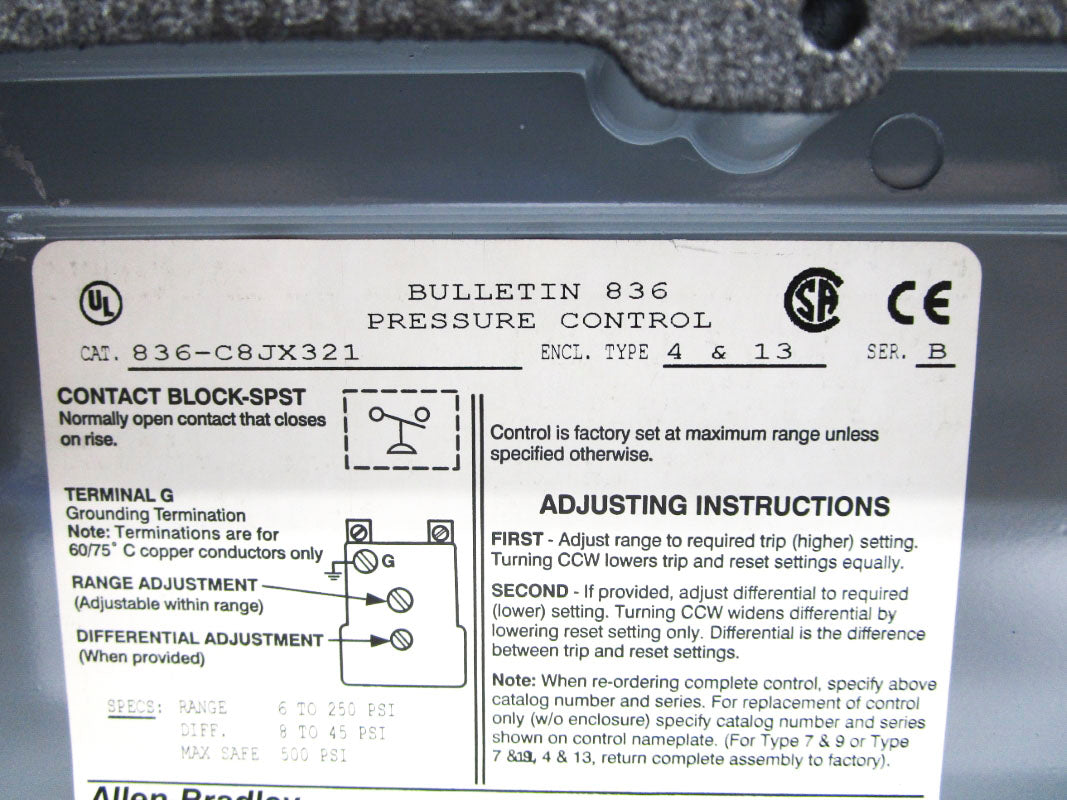 ALLEN BRADLEY 836-C8JX321 SER. B 250PSI 600VAC NSNP
