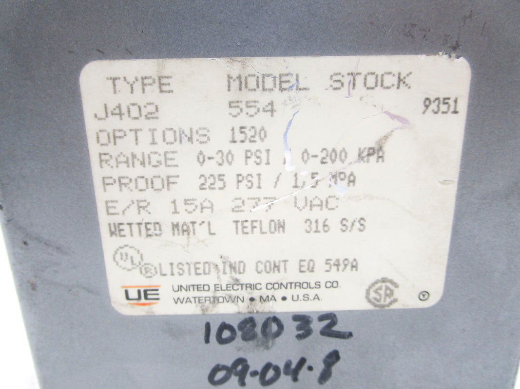 UNITED ELECTRIC J402554 30PSI 277VAC 15A NSNP