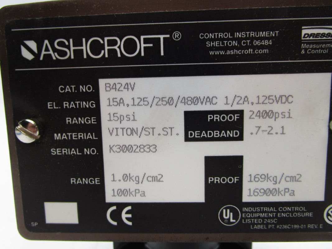 ASHCROFT B424V 15PSI 480VAC 15A NSNP
