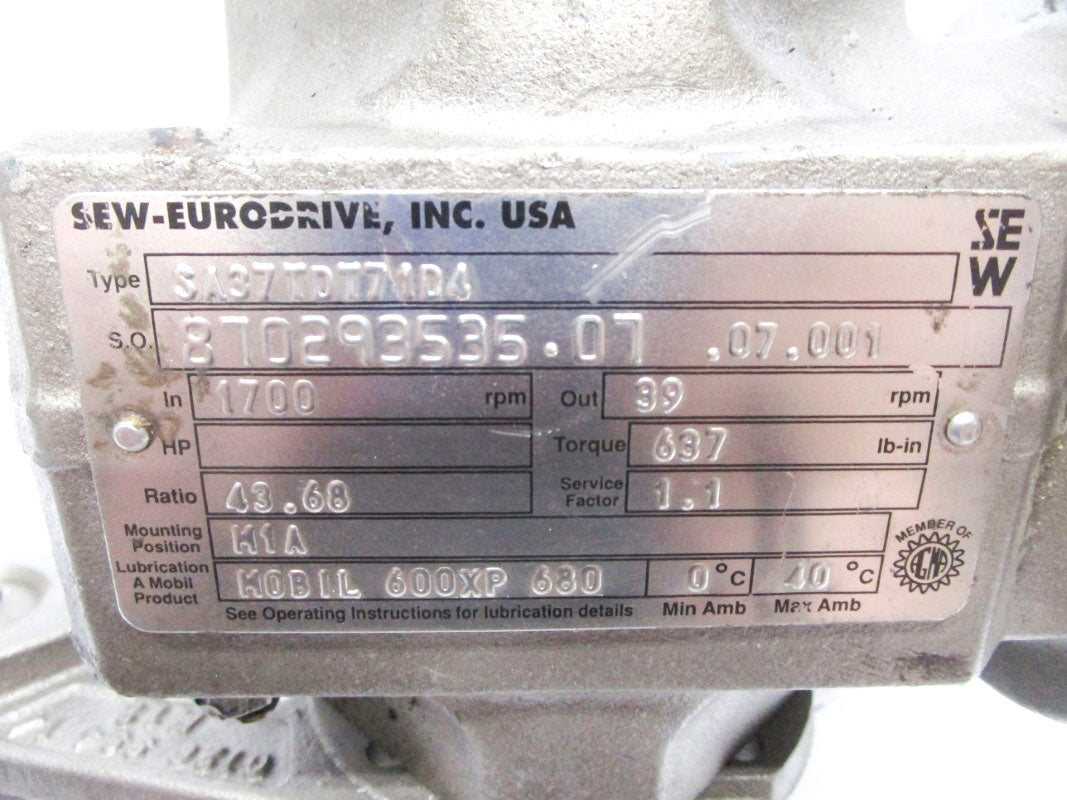 SEW EURODRIVE SA37TDT71D4 (AS PICTURED) UNMP
