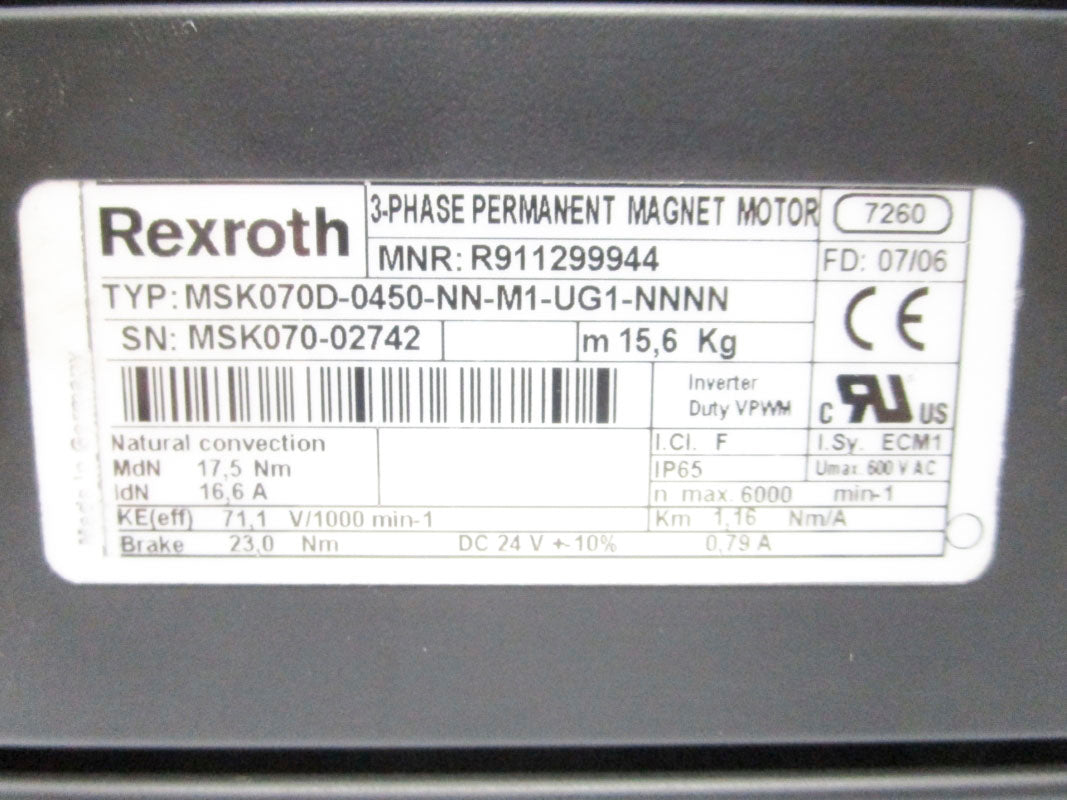 REXROTH MSK070D-0450-NN-M1-UG1-NNNN R911299944 600VAC 16.6A (AS PICTURED) NSNP