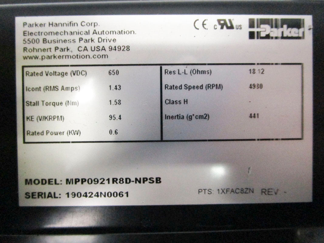 PARKER MPP0921R8D-NPSB 650VDC 1.43A 4930RPM NSNP