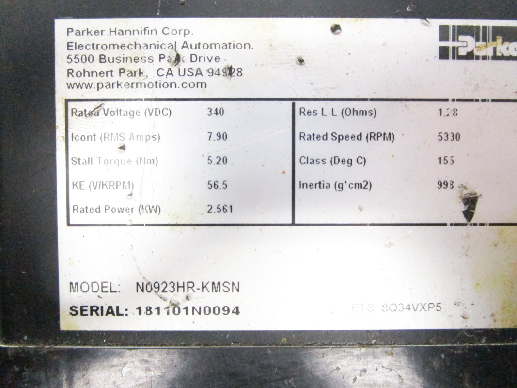 PARKER N0923HR-KMSN 340VDC 7.90A 5330RPM UNMP